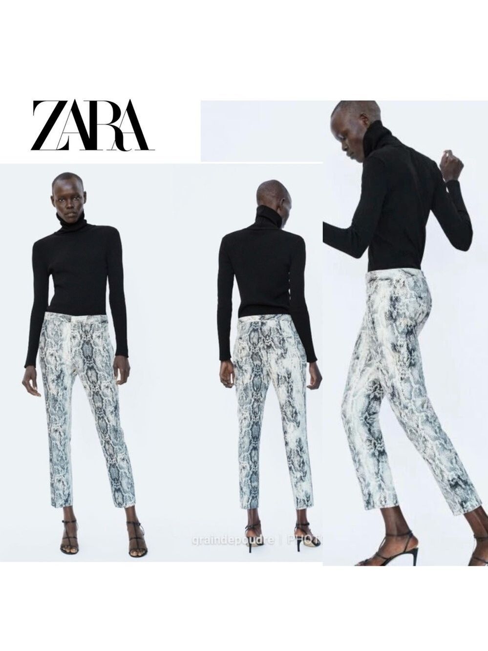 Zara animal snake print slim fit ankle pants gray ivory white Sz S